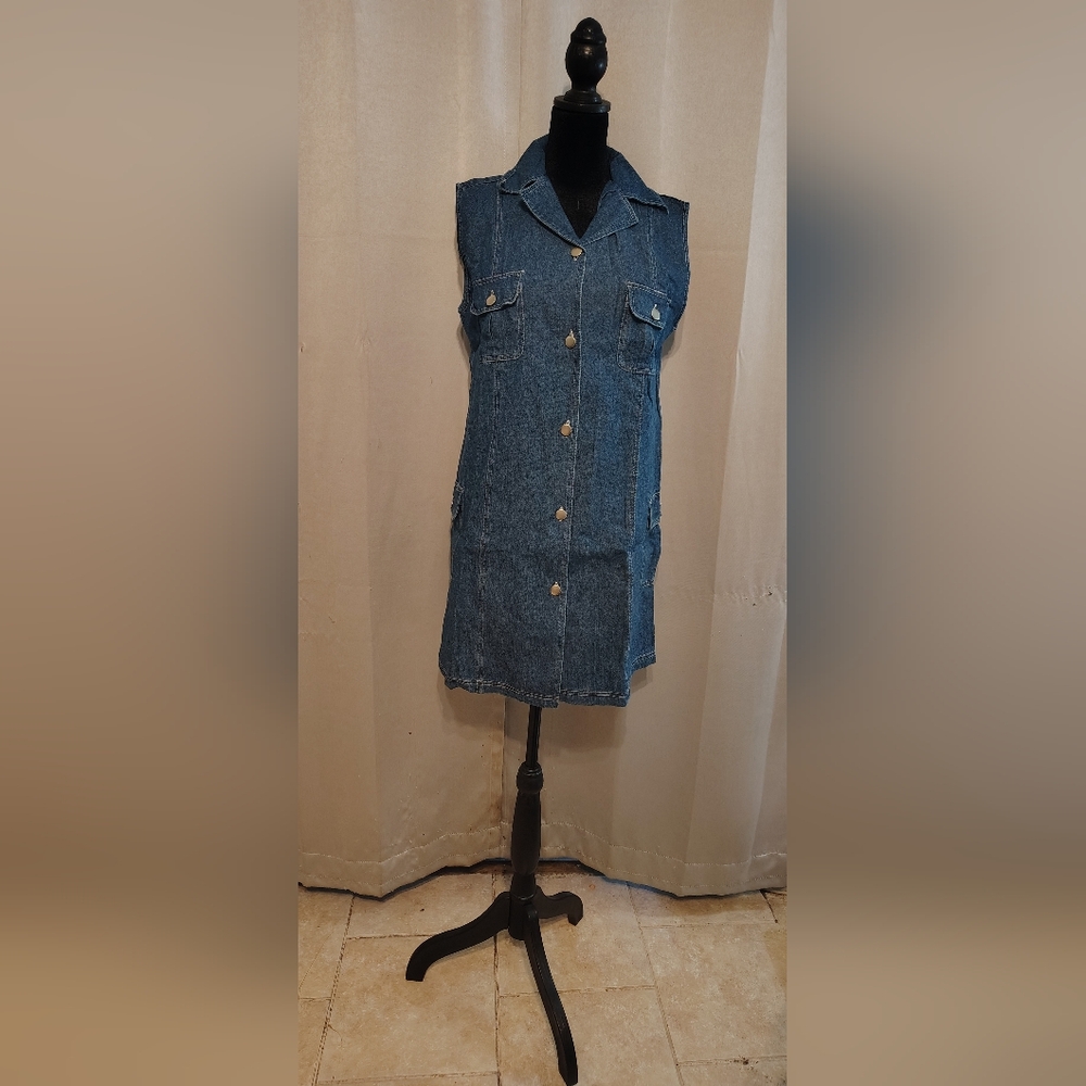 Vintage 90s Natural Impressions Denim Jean Button Down Sleeveless Dress Medium